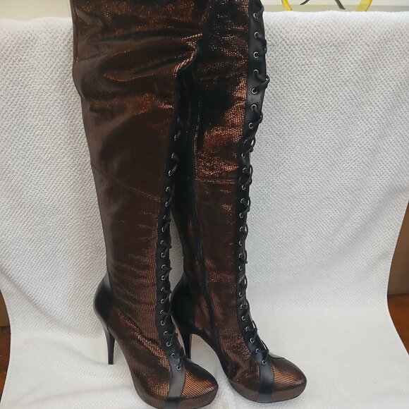 Over- the- knee tall stiletto leather boots. New and Unworn. - Picture 2 of 7